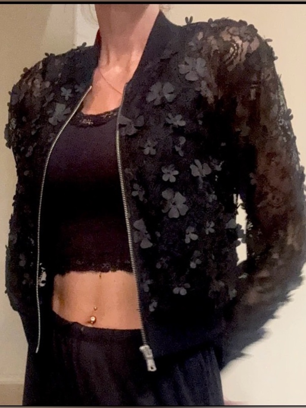 NWT Avec Les Filles Black 3D Floral Appliquรฉ Sheer Bomber Jacket Size M